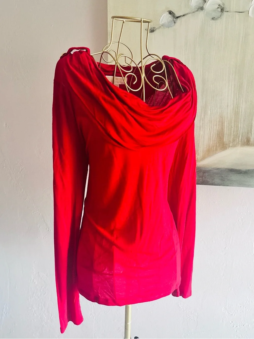 Michael Michael Kors Red Cowl Neck Gold Button Long Sleeve Top Size Large